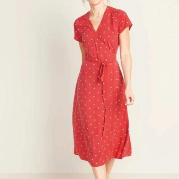 Old Navy Red Polka Dot Wrap Dress Size XL - Playful V-Neck Midi Fit & Flare - Picture 1 of 8